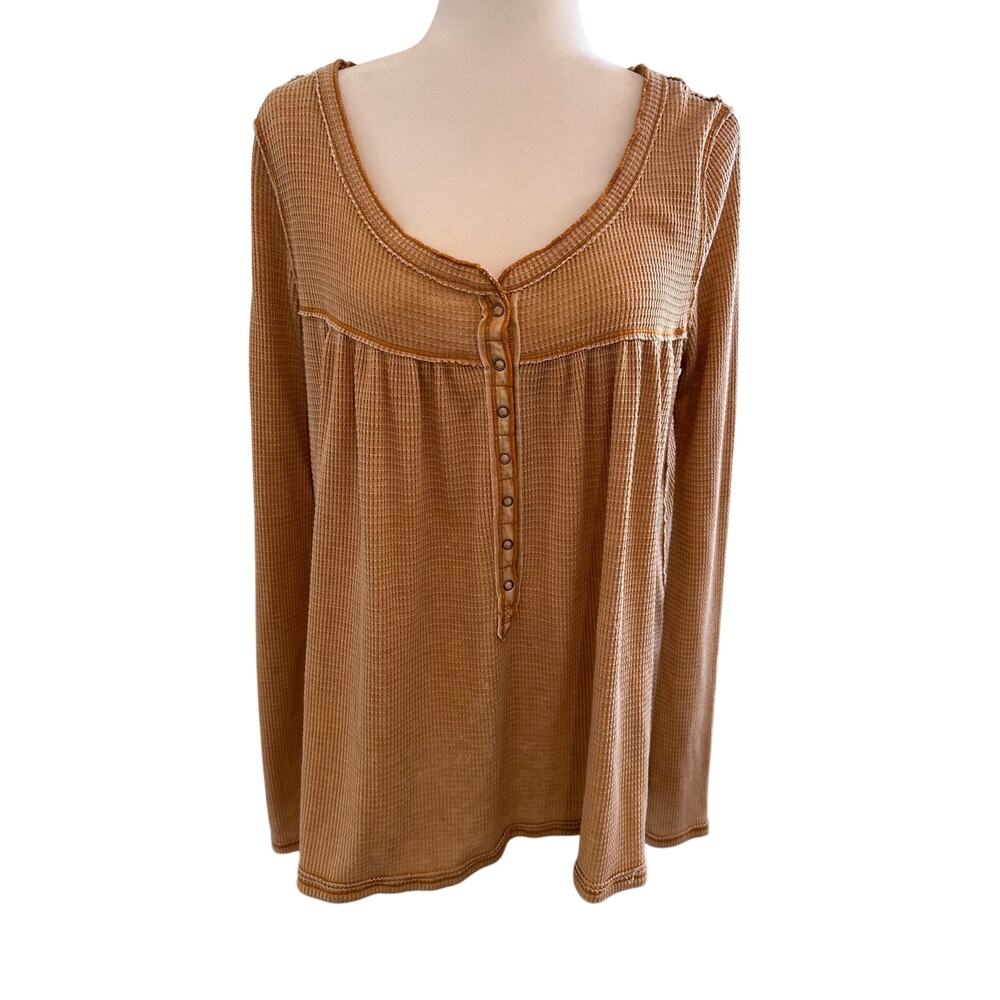 Free People We The Free Kai Henley Thermal Top Waffle Knit Snap Button Mustard M